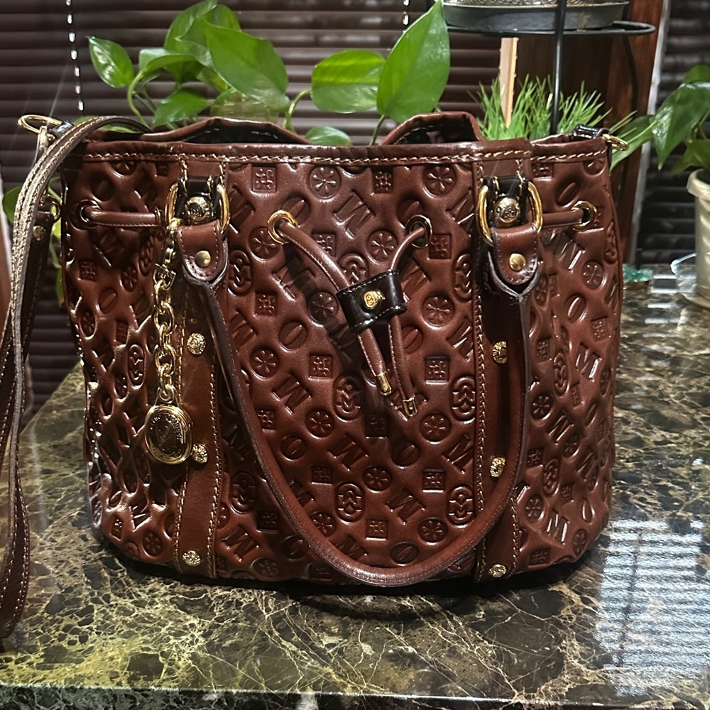 Marino Orlandi Chocolate Brown Embossed Quilted Shoulder Tote with Gold Accents